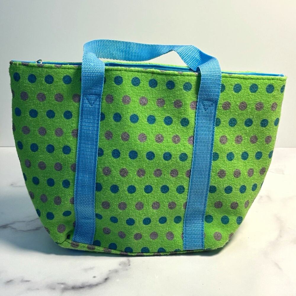 Green Blue Polka Dot Zip Top Mini Tote Bag w/ Blue Double Handles Lined Pockets
